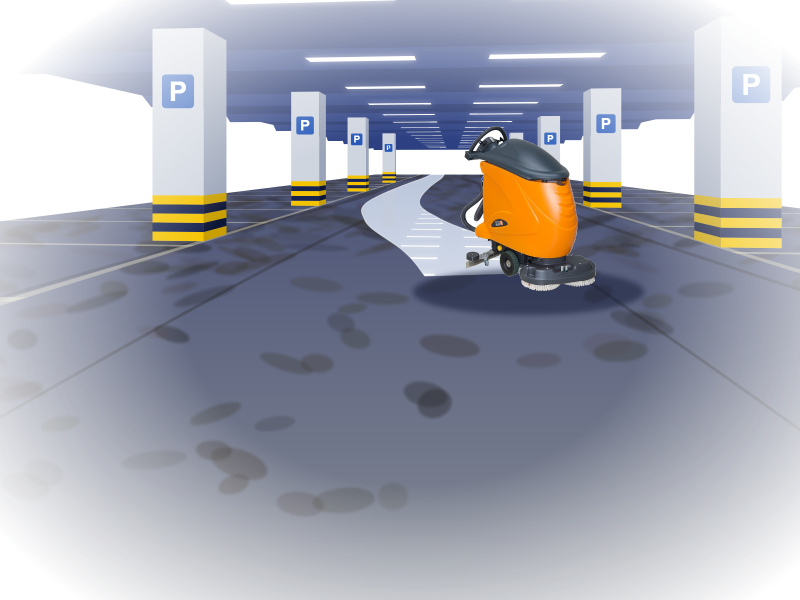 Illustration: a Taski Swingo 955B washes a dirty underground garage floor, leaving a clean, glossy trail