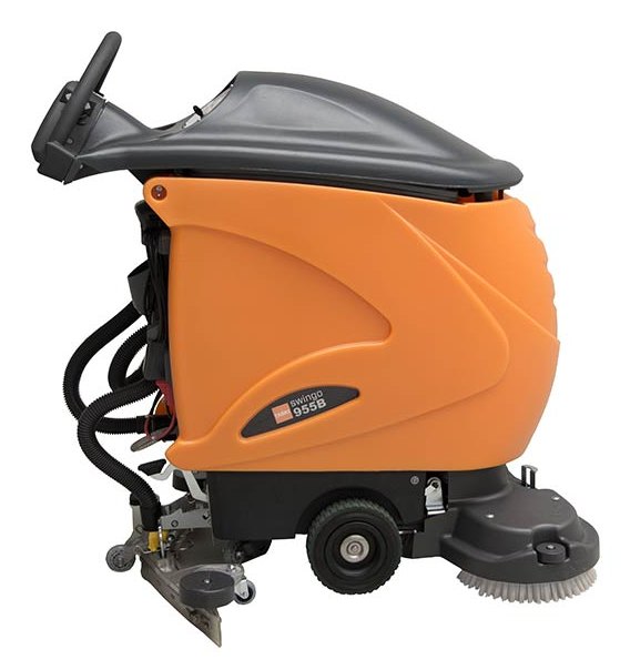 Taski Swingo 955B side view: offset brush deck and squeegee